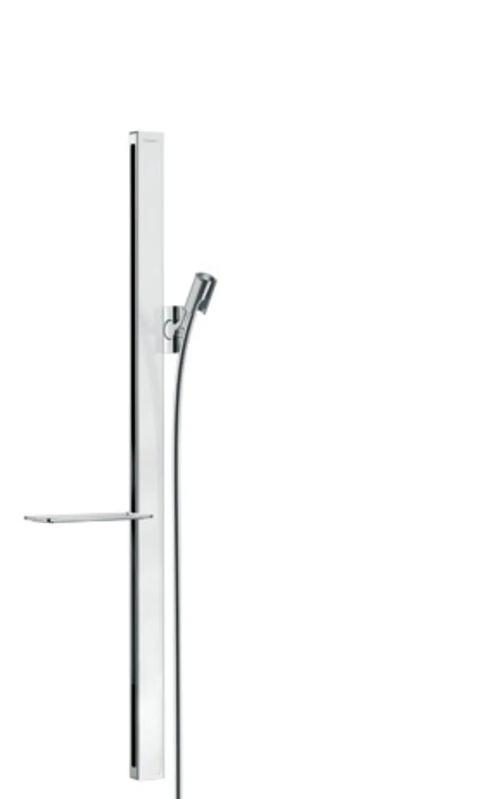 Hansgrohe Brausestange in Hochglanz-Chrom mit Handbrause und flexiblem Schlauch, montiert an der Wand. Minimalistisches Design, geeignet für moderne Badezimmer.